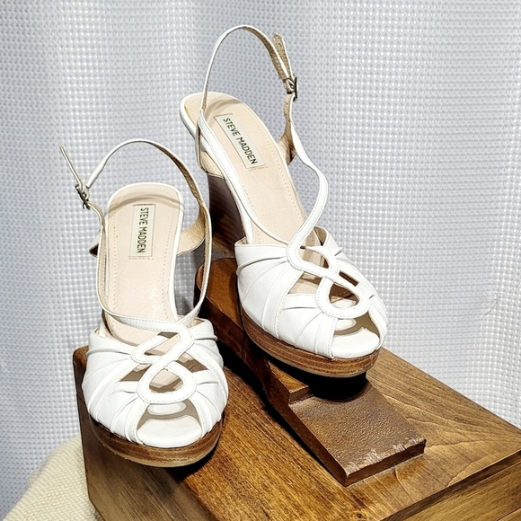 Y2K Steve Madden Aventura White Leather Peep-Toe Wedge Slingback Sandal (9M) - Picture 1 of 10